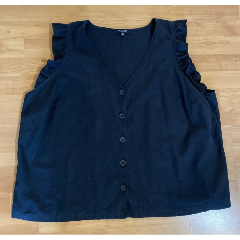 MADEWELL Black Linen Blend Womens Size 16 Sleeveless Ruffled Button Cropped - Picture 6 of 10